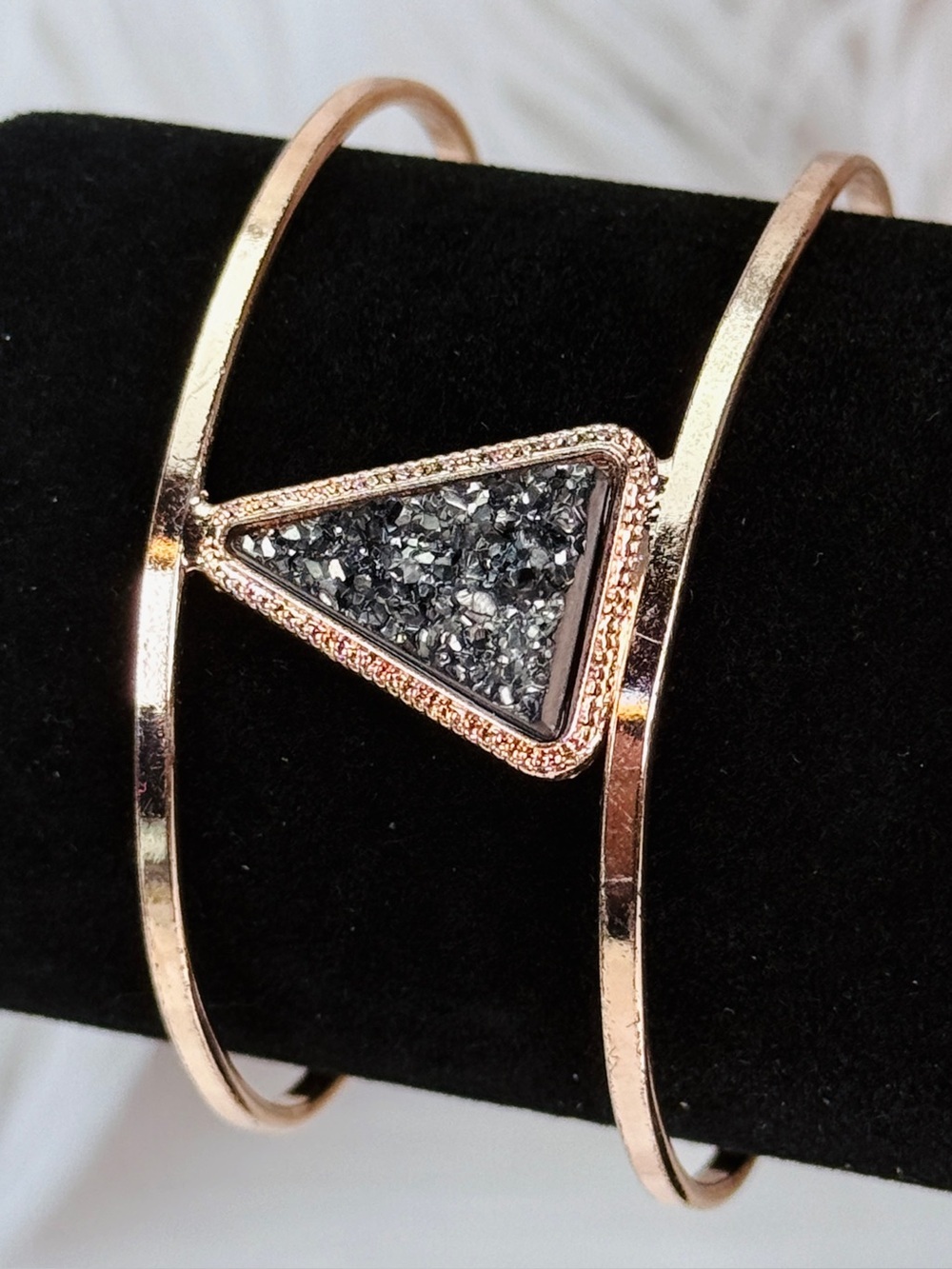 Rose goldtone, minimalist, black Druzy triangle accent, wide band cuff bracelet